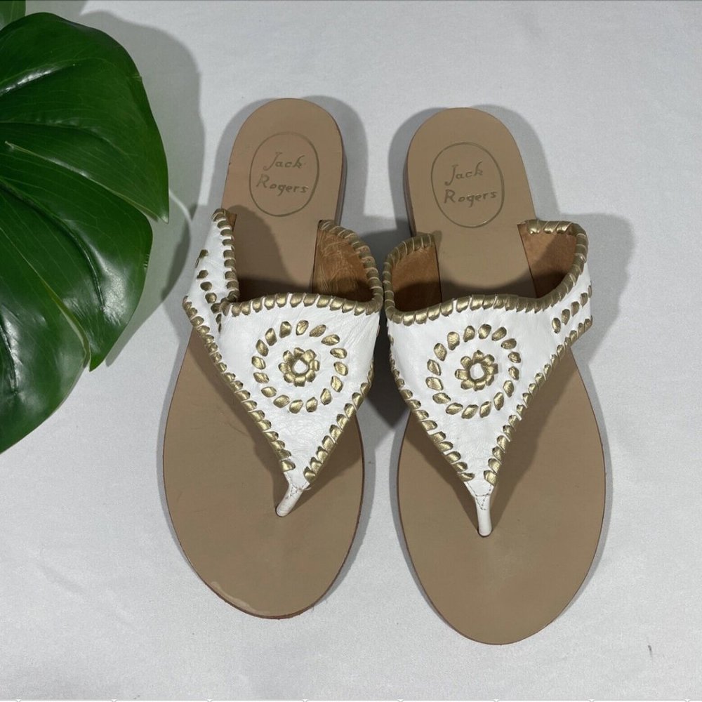 EUC $148 Jack Rogers [ 8M 8 ] Blair Leather Sandal in White & Gold‎